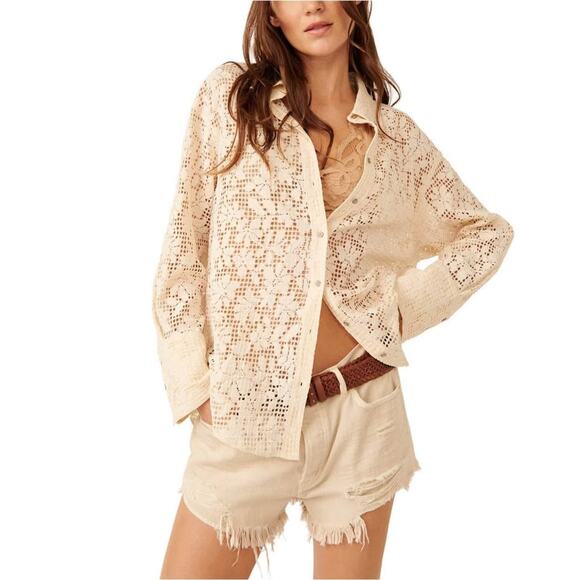 Free People Women’s In Your Dreams Lace‎ Oversized Buttondown Sz M - Picture 1 of 8